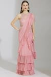 Buy_Rajat & Shraddha_Pink Dotted Net Boat Embellished Pre-draped Gown Saree  _at_Aza_Fashions