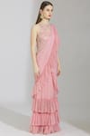 Rajat & Shraddha_Pink Dotted Net Boat Embellished Pre-draped Gown Saree  _Online_at_Aza_Fashions