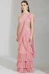 Buy_Rajat & Shraddha_Pink Dotted Net Boat Embellished Pre-draped Gown Saree  _Online_at_Aza_Fashions