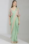 Buy_Rajat & Shraddha_Green Georgette Sweetheart Neck Embellished Pre-draped Saree  _Online_at_Aza_Fashions