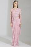 Buy_Rajat & Shraddha_Peach Georgette V Neck Embellished Pre-draped Saree  _Online_at_Aza_Fashions