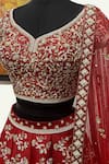 Shop_Riantas_Red Raw Silk V Neck Embroidered Bridal Lehenga Set_at_Aza_Fashions