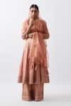 Buy_Rhua_Peach Organza, Pure Cotton Silk Floral V Handwoven Tissue Chanderi Anarkali Set_Online_at_Aza_Fashions