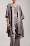 Shop_Inej_Grey Rayon Flex Embroidery Metal Coins Bustier Cape Bell Bottom Set  _Online_at_Aza_Fashions