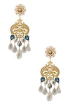 Shop_Radhika Agrawal Jewels_Gold Plated Pearl Bonita Crystal Drop Chandeliers_at_Aza_Fashions