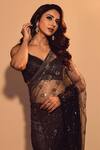 Tarun Tahiliani_Black Leaf Neck Embellished Saree With Blouse _Online_at_Aza_Fashions