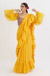Buy_Peeli Dori_Yellow Cotton Satin Ruffle Saree With Blouse_at_Aza_Fashions