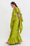 Buy_Peeli Dori_Green Cotton Satin Embroidery V Neck Ruffle Saree With Blouse_Online_at_Aza_Fashions