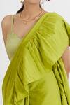 Shop_Peeli Dori_Green Cotton Satin Embroidery V Neck Ruffle Saree With Blouse_Online_at_Aza_Fashions