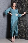 Seams Pret And Couture_Blue Crepe V Neck Pleated Tunic And Dhoti Pant Set _Online_at_Aza_Fashions