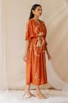 Nirjara_Orange Cotton Silk Hand Painted Wrap Dress_Online_at_Aza_Fashions