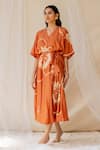 Shop_Nirjara_Orange Cotton Silk Hand Painted Wrap Dress_Online_at_Aza_Fashions