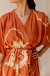 Nirjara_Orange Cotton Silk Hand Painted Wrap Dress_at_Aza_Fashions
