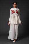 Buy_Balance by Rohit Bal_White Cotton, Chanderi Silk Floral Mandarin Collar Peplum Top And Palazzo Set _at_Aza_Fashions