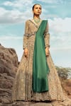 Buy_Ridhima Bhasin_Beige Organza, Georgette V Neck Printed Anarkali With Embellished Dupatta _at_Aza_Fashions