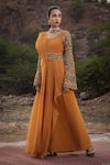 Buy_Ridhima Bhasin_Yellow Chiffon Square Neck Pre-draped Organza Saree Gown _at_Aza_Fashions