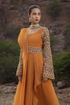 Buy_Ridhima Bhasin_Yellow Chiffon Square Neck Pre-draped Organza Saree Gown _Online_at_Aza_Fashions