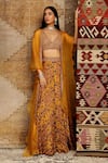 Ridhima Bhasin_Yellow Satin Printed Floral Motifs V Neck Bridal Lehenga Set _Online_at_Aza_Fashions