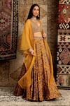 Buy_Ridhima Bhasin_Yellow Satin Printed Floral Motifs V Neck Bridal Lehenga Set _at_Aza_Fashions