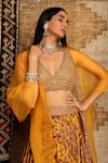 Buy_Ridhima Bhasin_Yellow Satin Printed Floral Motifs V Neck Bridal Lehenga Set _Online_at_Aza_Fashions
