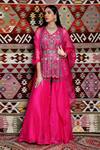 Ridhima Bhasin_Pink Organza, Tulle V Neck Embroidered Peplum Sharara Set _Online_at_Aza_Fashions