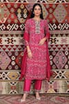 Buy_Ridhima Bhasin_Pink Silk, Georgette Floral Motifs Jewelled Neckline Kurta Set _at_Aza_Fashions