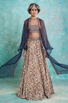 Buy_Ridhima Bhasin_Beige Satin Open Printed Lehenga And Cape Set  _at_Aza_Fashions