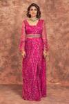 Buy_Ridhima Bhasin_Pink Organza Square Neck Floral Print Pre-draped Saree Set  _at_Aza_Fashions