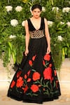 Shop_Rohit Bal_Black Silk Velvet Embroidered Floral Plunge V Neck Lehenga And Blouse Set _at_Aza_Fashions