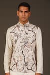 Buy_Rohit Bal_White Linen, Lining Silk Bird, Floral Print Bundi _at_Aza_Fashions