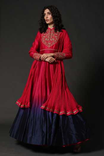 Buy_Rohit Bal_Pink Chanderi, Lining Cotton Floral Mandarin Collar Embroidered Anarkali Set _at_Aza_Fashions