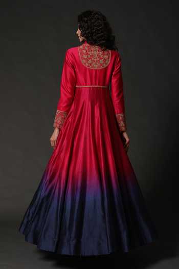 Shop_Rohit Bal_Pink Chanderi, Lining Cotton Floral Mandarin Collar Embroidered Anarkali Set _at_Aza_Fashions