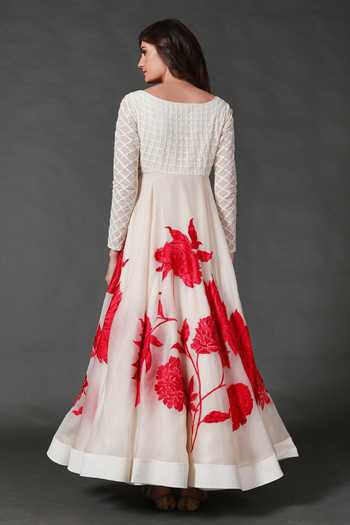 Shop_Rohit Bal_White Organza, Lining Cotton Floral V Neck Embroidered Anarkali Set _at_Aza_Fashions