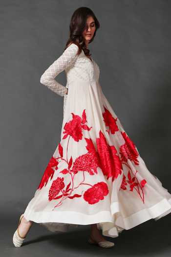 Rohit Bal_White Organza, Lining Cotton Floral V Neck Embroidered Anarkali Set _Online_at_Aza_Fashions