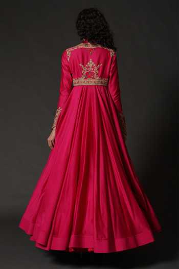 Shop_Rohit Bal_Pink Chanderi, Lining Cotton Floral Mandarin Collar Embroidered Anarkali Set _at_Aza_Fashions