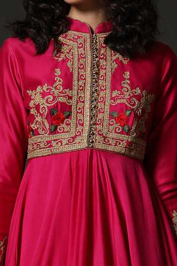 Buy_Rohit Bal_Pink Chanderi, Lining Cotton Floral Mandarin Collar Embroidered Anarkali Set _Online_at_Aza_Fashions