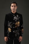 Rohit Bal_Black Silk Velvet Printed Bird Bandhgala  _Online_at_Aza_Fashions