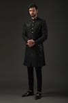 Buy_Rohit Bal_Black Chanderi Silk Embroidered Resham Quilted Sherwani  _at_Aza_Fashions