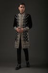 Buy_Rohit Bal_Black Silk Velvet Embroidered Resham Sherwani  _at_Aza_Fashions