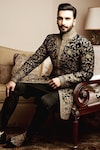 Buy_Rohit Bal_Black Silk Embroidered Floral And Bird Pattern Sherwani _at_Aza_Fashions