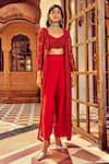 Buy_Ridhima Bhasin_Red Organza And Crepe 3d Floral Scoop Neck Embellished Jacket With Cowl Pant Set _Online_at_Aza_Fashions