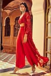 Ridhima Bhasin_Red Organza And Crepe 3d Floral Scoop Neck Embellished Jacket With Cowl Pant Set _at_Aza_Fashions