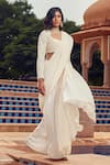 Ridhima Bhasin_Ivory Satin Embroidered Scallop Work Pre-draped Saree With Blouse  _Online_at_Aza_Fashions