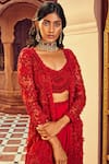 Buy_Ridhima Bhasin_Red Organza And Crepe 3d Floral Scoop Neck Embellished Jacket With Cowl Pant Set 