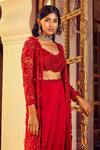 Shop_Ridhima Bhasin_Red Organza And Crepe 3d Floral Scoop Neck Embellished Jacket With Cowl Pant Set _at_Aza_Fashions
