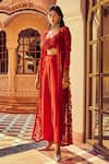 Shop_Ridhima Bhasin_Red Organza And Crepe 3d Floral Scoop Neck Embellished Jacket With Cowl Pant Set _Online_at_Aza_Fashions