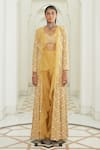 Shop_Ridhima Bhasin_Yellow Georgette And Organza Embroidery Pearl V Neck Jacket Sharara Set For Women_at_Aza_Fashions