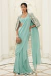 Buy_Ridhima Bhasin_Blue Chiffon Bolero Jacket Pre-draped Saree Set_at_Aza_Fashions
