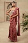 Buy_Ridhima Bhasin_Red Chiffon Embroidered Floral Print Pre-draped Saree With Blouse  _at_Aza_Fashions