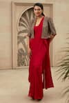 Buy_Ridhima Bhasin_Red Chiffon Embroidered Pearl Work Bolero Jacket Pre-draped Saree Set  _at_Aza_Fashions